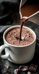 A photo of hot chocolate being poured into a white cup. The chocolate is thick and lumpy, with small bubbles on top and a dark brown liquid, taken from the side.