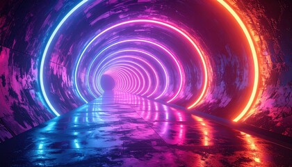 Neon-lit circular tunnel, vibrant colors, reflective floor, mysterious figure.
