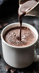 A photo of hot chocolate being poured into a white cup. The chocolate is thick and lumpy, with small bubbles on top and a dark brown liquid, taken from the side.