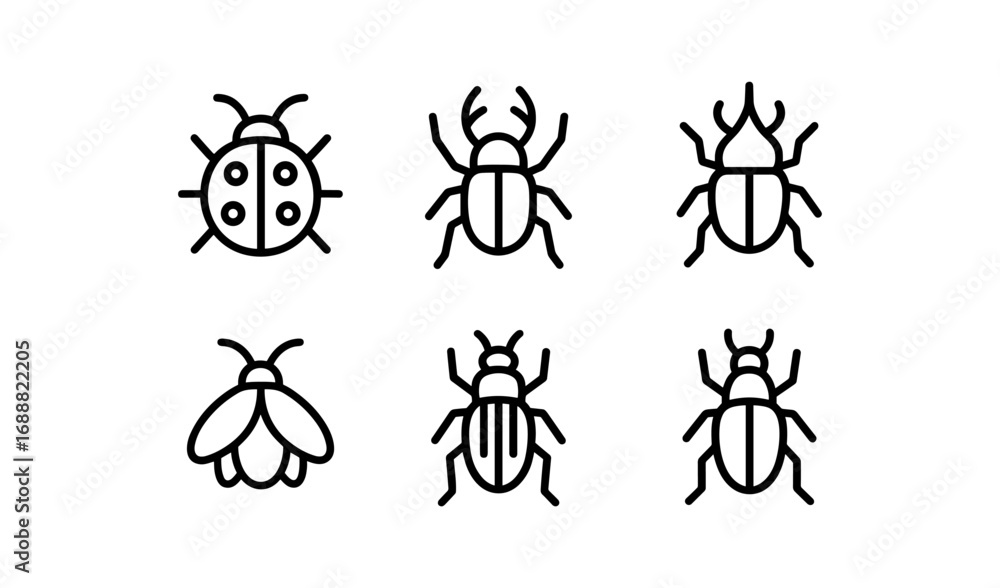 Poster minimalist bug icon set featuring various insects in line art style