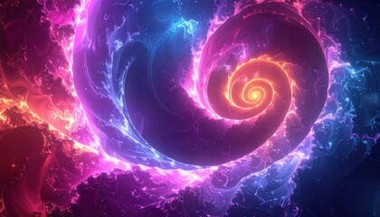 Abstract spiral nebula with vibrant pink, blue, and orange hues, resembling a cosmic galaxy formation.