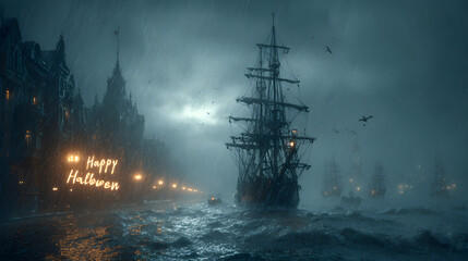 A Halloween banner Happy Halloween 2026 wallpaper hd realistic with ghost ship sailing in stormy seas