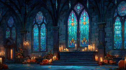 Obraz premium A Halloween banner Happy Halloween 2026 wallpaper hd realistic with dark castle interior and glowing stained glass windows