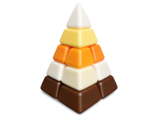 Candy Corn Tri-color, pyramid-shaped candy corn with a soft, chewy texture and sweet vanilla flavor. The candy has a smooth,