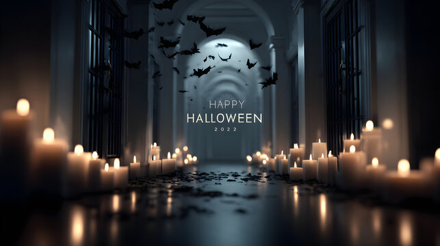 A Halloween banner Happy Halloween 2026 wallpaper hd realistic with floating candles in a dark hallway and bats flying