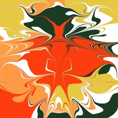 A striking abstract fluid artwork with swirling orange, green, yellow, and white tones, creating a dynamic and organic composition. Perfect for modern art prints, backgrounds, and creative projects.
