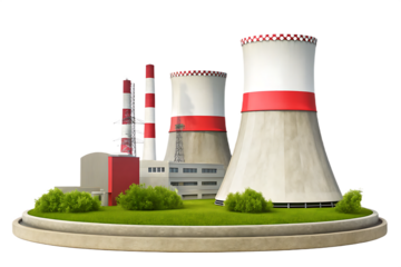 Nuclear power plant cooling towers and smokestacks isolated on a transparent background