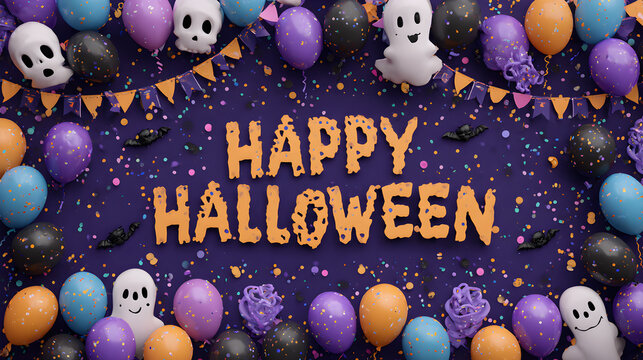 A Halloween banner Happy Halloween 2026 wallpaper hd realistic with colorful balloons, confetti, and spooky-themed party table - Powered by Adobe