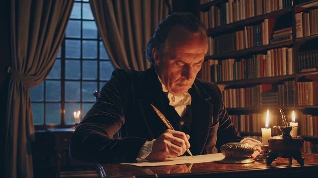 A historical video scene with a man writing by candlelight in a library. Side angle captures the vintage ambiance and detailed book-lined walls.