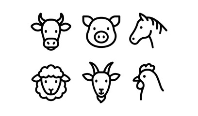 Obraz premium Simple farm animal heads: cow, pig, horse, sheep, goat, chicken line art