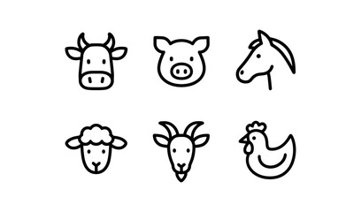 Minimalist animal icons: farm animals in simple black line art