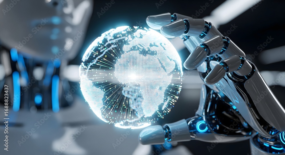 Poster robot hand holding a glowing digital globe, symbolizing global connection and artificial intelligenc
