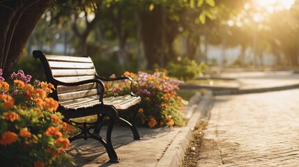 A serene park bench surrounded by colorful flowers with sun casting dappled shadows on lush green grass and trees, evoking nature's tranquility for relaxation and calmness.