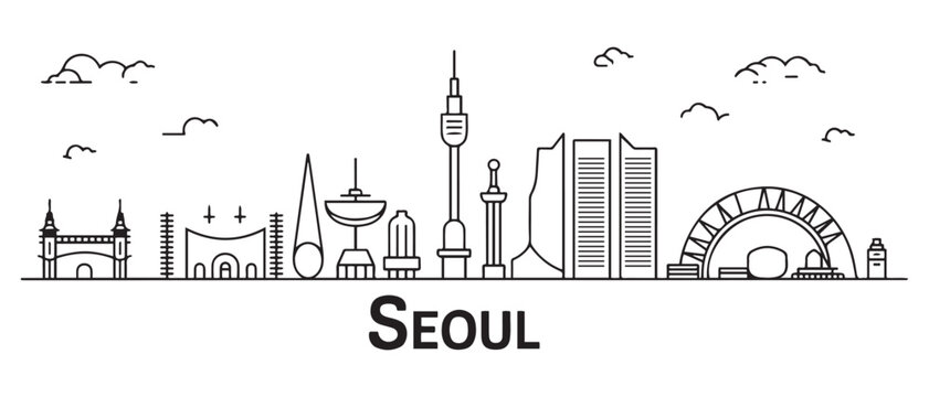 Seoul Line Art skyline. Travel Seoul famous landmarks. Business and tourism concept for presentation, banner, web site. with white background