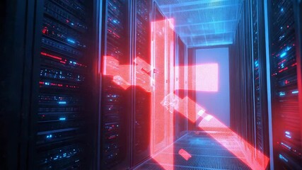 Growing arrow data transferring through server room corridor - Powered by Adobe