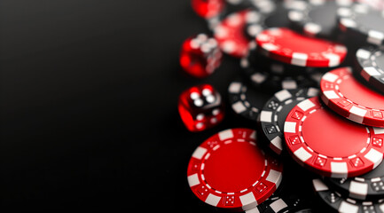 Closeup of Red and Black Poker Chips with Dice on Casino Table and Dark Background