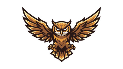 Obraz premium Powerful Golden Owl with Spread Wings in Attack Pose, a Fierce Mascot Logo Illustration Vector