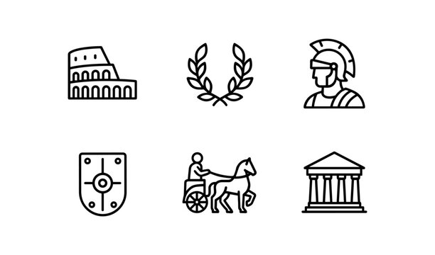 Classic ancient rome icons: coliseum, laurel, gladiator, shield, chariot, temple