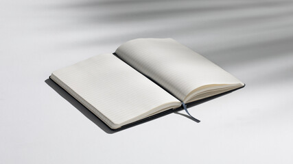 open  blank lined notebook on white background with shadow,close up of a notebook