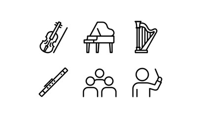 Fototapeta premium Simple line icons of musical instruments and conductor