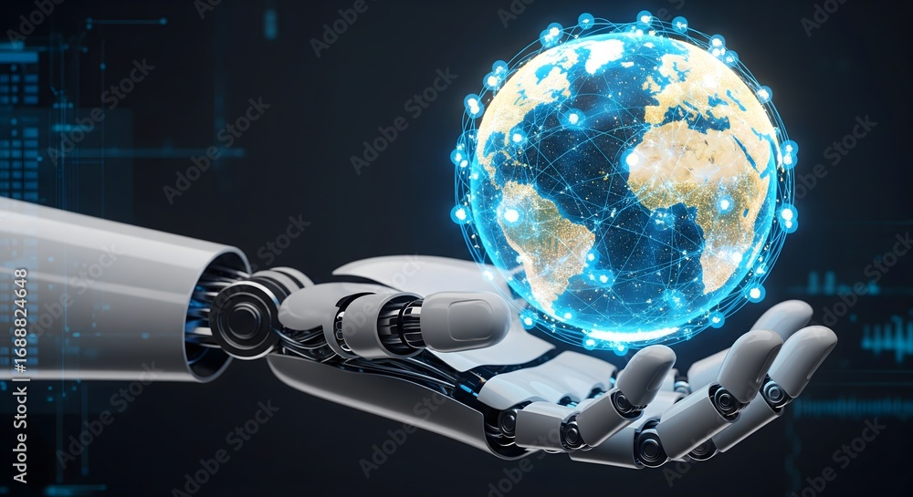 Poster robotic hand holding a glowing digital earth globe with global network connections, representing art