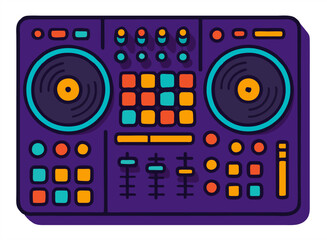 Colorful DJ mixer controller illustration with turntables, buttons, and sliders. Bright modern vector design for music and nightlife themes.