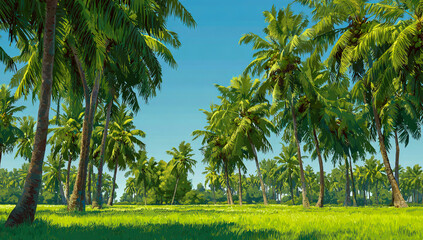 Lush green tropical palm trees line a vibrant grassy field under a clear blue sky
