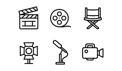 Film production elements: linear icons of clapperboard, film reel, and camera equipment
