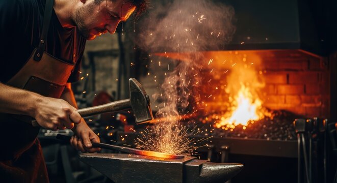 Blacksmith Forging Hot Metal with Hammer and Anvil.