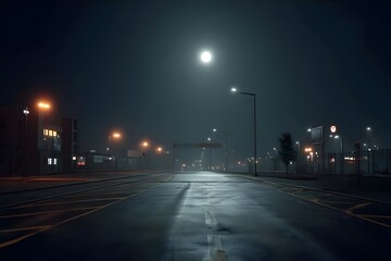 Foggy night, empty road, street lights, full moon