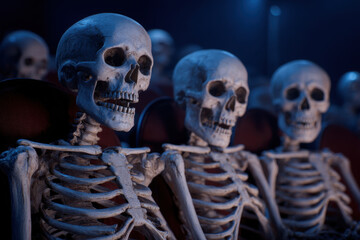 Skeletons sitting in dark movie theater, creating spooky atmosphere