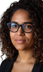 Obraz premium A Hispanic female leader with curly hair and oversized glasses, her face illuminated by a soft glow, symbolizing confidence, creativity