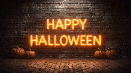 A Halloween banner Happy Halloween 2026 wallpaper hd realistic with glowing neon Halloween typography on brick wall