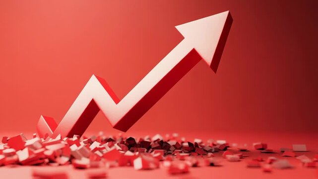 Red arrow breaking through obstacles is growing on red background