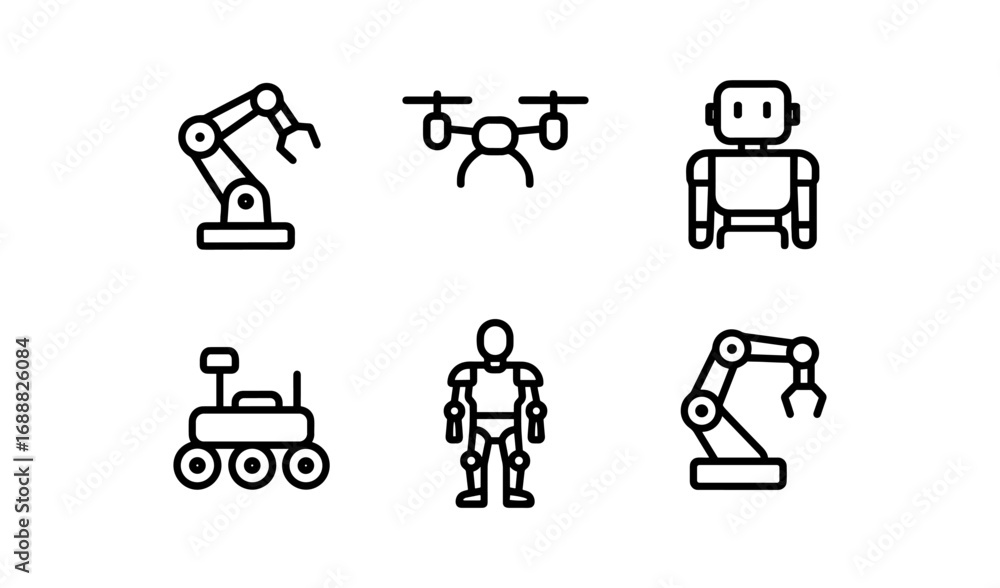 Poster minimalist robot and drone icons set with robotic arm and automation designs