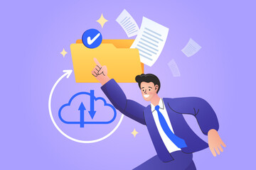 A concept of cloud computing and data management. A happy businessman uses cloud storage to sync, backup, and organize digital documents, ensuring security and project completion.
