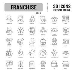Franchise Line Icon Set. Containing franchisee, license, royalties, chain, expansion, and more.  Editable stroke. Vector illustration