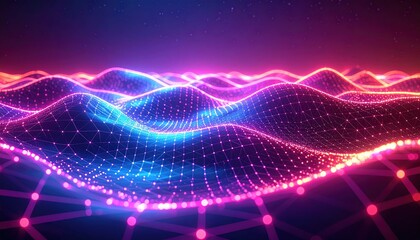 Abstract digital landscape with vibrant neon pink and blue waves, formed by interconnected glowing points.