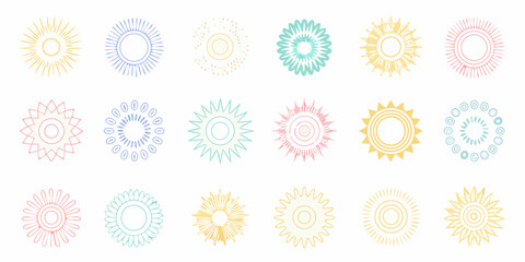 Collection of stylized sun icons with radiating lines and circular patterns in pastel colors
