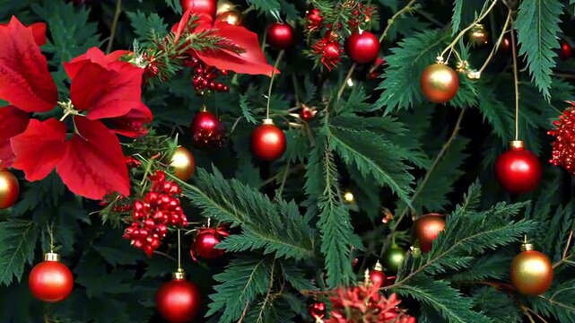 Mistletoe against a green Christmas tree with Christmas decorations