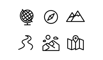 Minimalist travel icons: globe, compass, mountains, road, desert, map