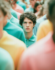 Young man standing out in a crowd of people wearing colorful pastel shirts. Conceptual portrait about individuality, uniqueness, and being different in society with creative visual style.