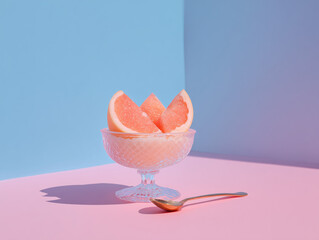 Grapefruit pieces in crystal glass vase on pastel background with space for text, minimalistic composition