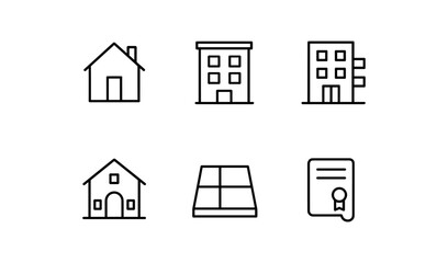 Minimalist linear icons of buildings, houses, and certificate design elements