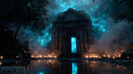 A cinematic Halloween 2026 wallpaper showing an ancient crypt entrance lit by eerie blue fire