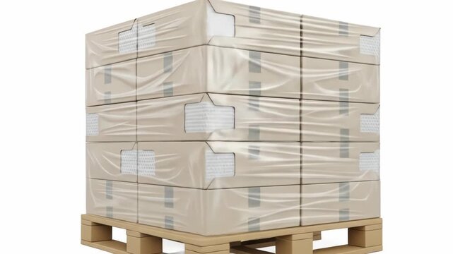 A pallet of shrink-wrapped cardboard boxes, neatly stacked and secured, ready for shipment or storage;  light beige boxes with visible  protective inserts