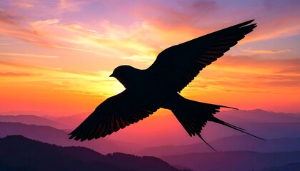 Fototapeta premium Silhouette of a bird soaring at sunset over mountains