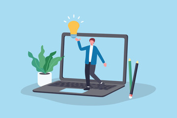 Man holding a bright yellow light bulb above a laptop screen representing a new idea or innovation