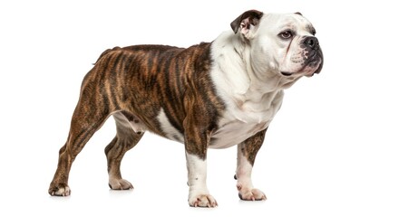 Brindle Bulldog Standing Proudly Against White Background.