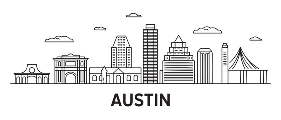 Fototapeta premium Austin Line Art skyline. Travel Austin famous landmarks. Business and tourism concept for presentation, banner, web site. with white background
